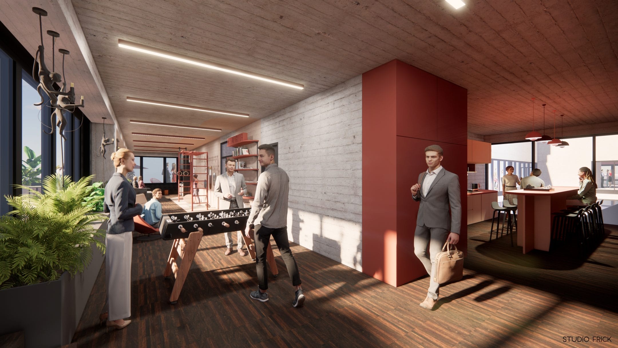 A modern office breakout area featuring exposed brick walls and wooden floors. People engage casually; some converse, others walk or enjoy the foosball table. Plants and stylish lighting enhance the vibrant atmosphere of this An image from EDGE Workspaces.