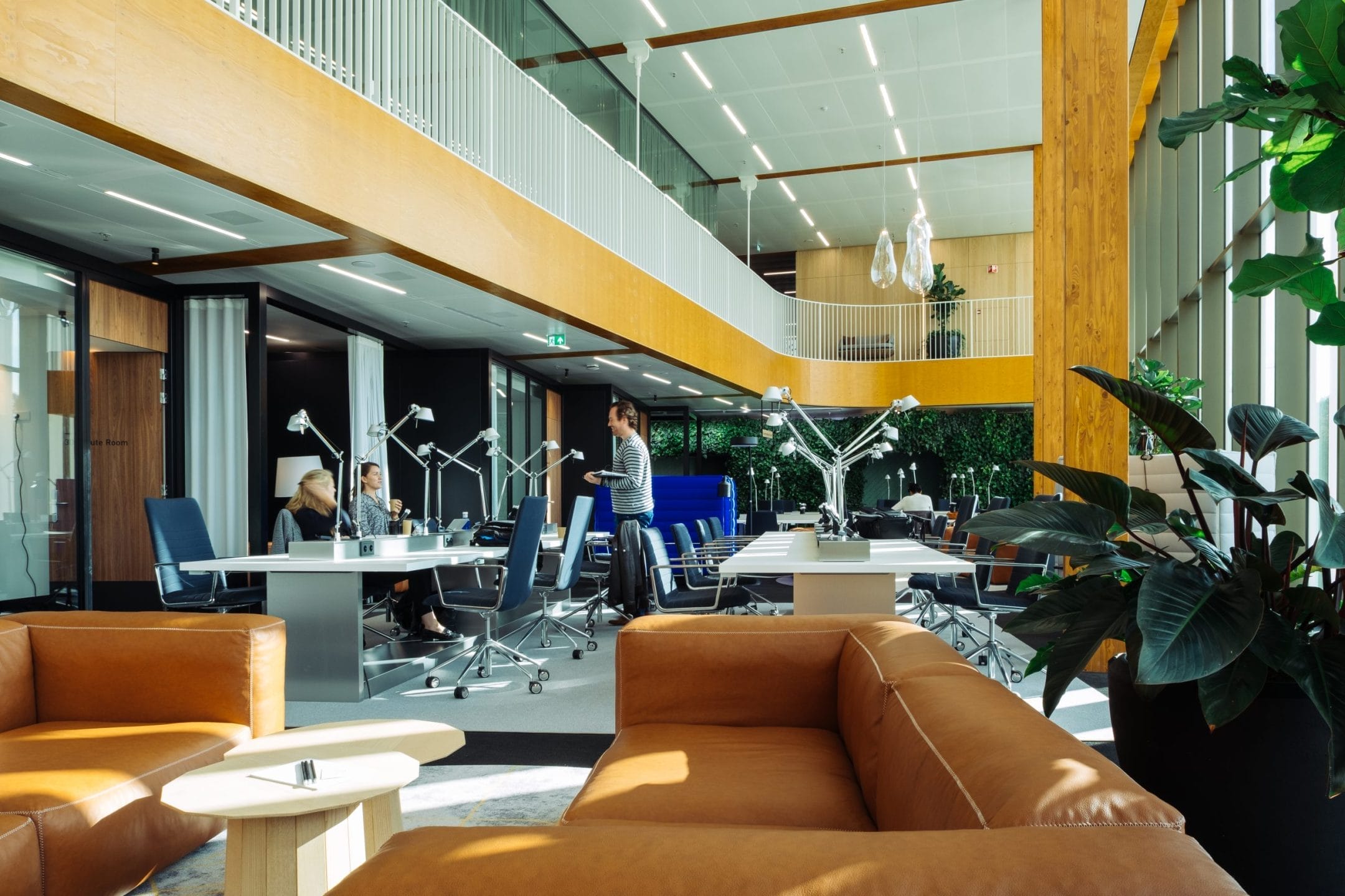 Modern office space with large windows, multiple workstations equipped with computers and desk lamps. People are working and conversing in this innovative coworking environment. The area features a plush brown sofa, green plants An image from EDGE Workspaces.